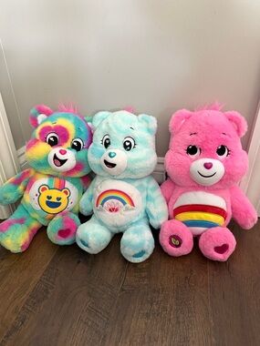 Care Bears Rainbow Tie-Dye, Light Blue & Pink Plush Bear Trio